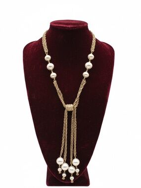 Vintage Faux Pearl Lariat Necklace, Gold Tone Tassel Chain, Retro Jewelry